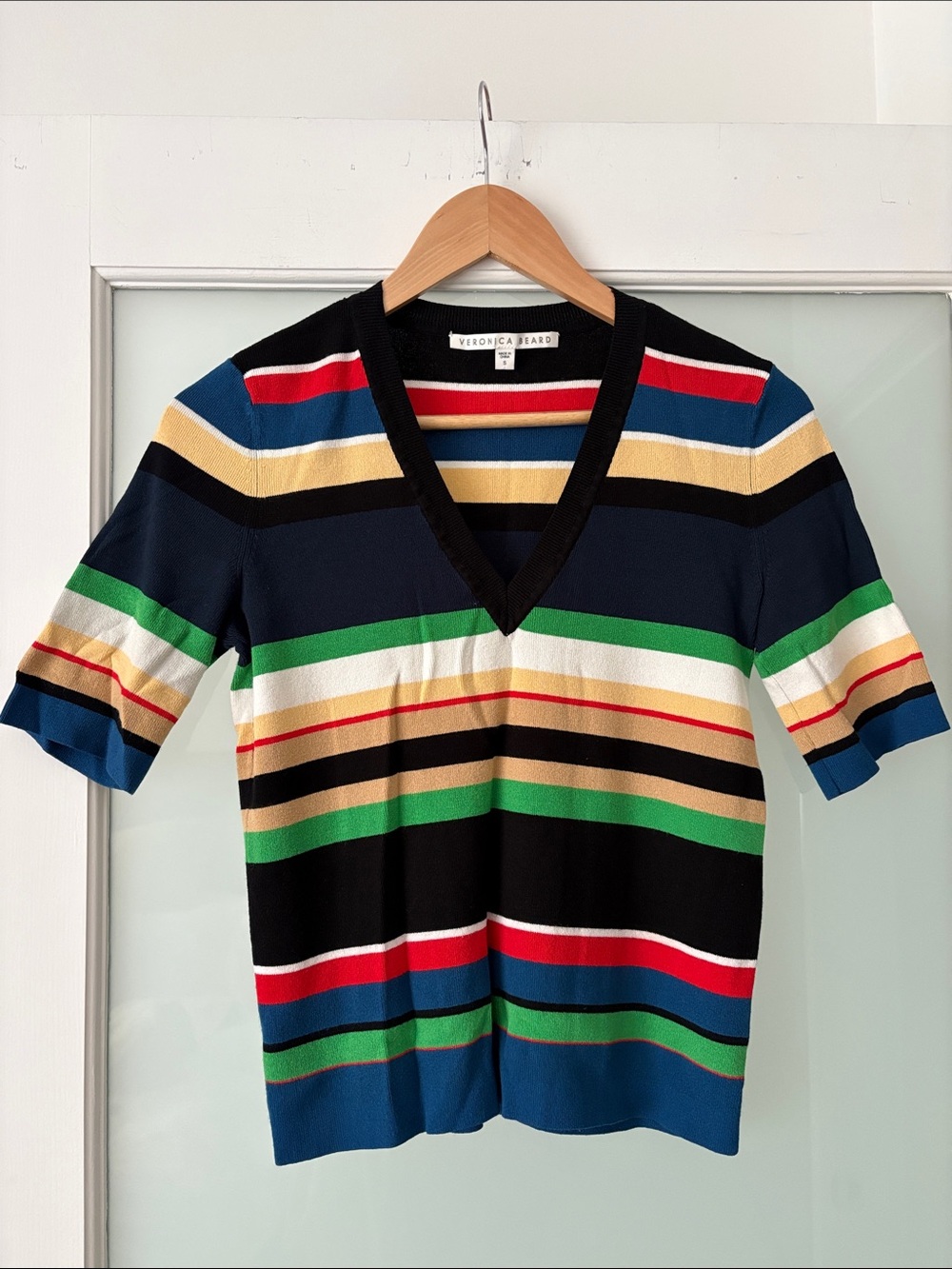 Veronica Beard Striped V-Neck Knit Top | Size S